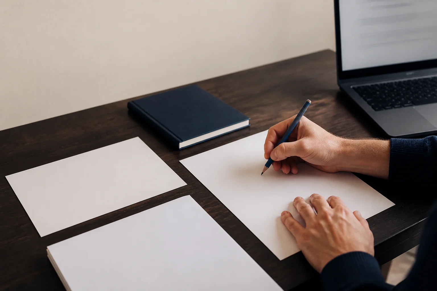 Blank planning sheets being prepared beside a laptop and navy notebook