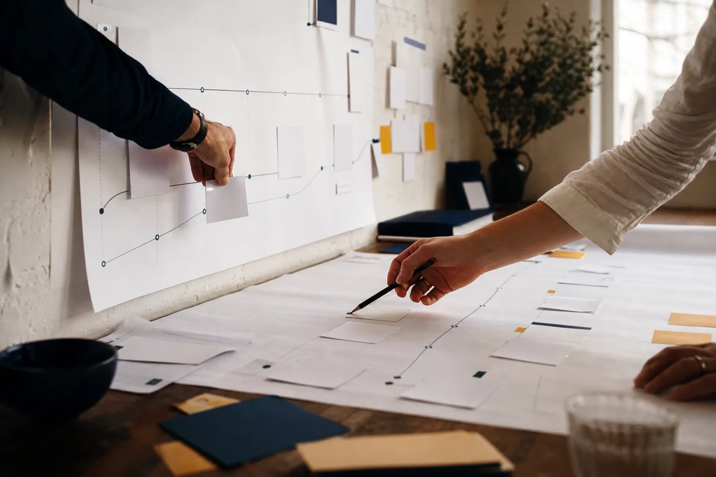 A connected customer journey being mapped across a working table