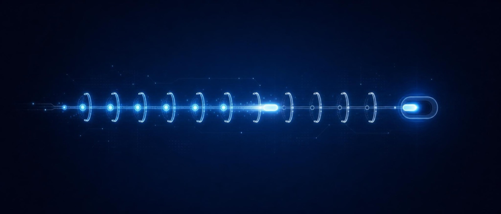 A bright capsule travelling a lattice of trigger gates and docking into a lit receptacle