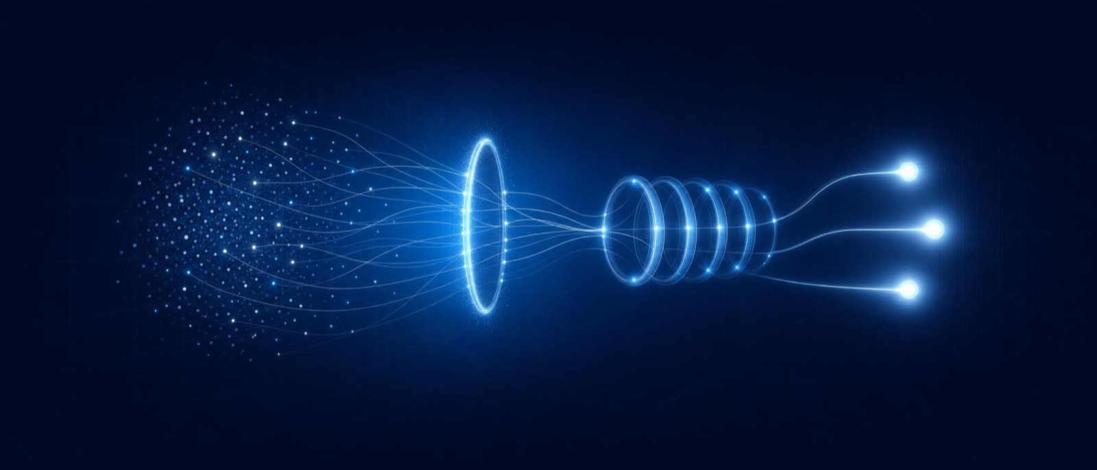 A loose dot cloud passing a qualification gate and coil into a few intensely bright deal nodes