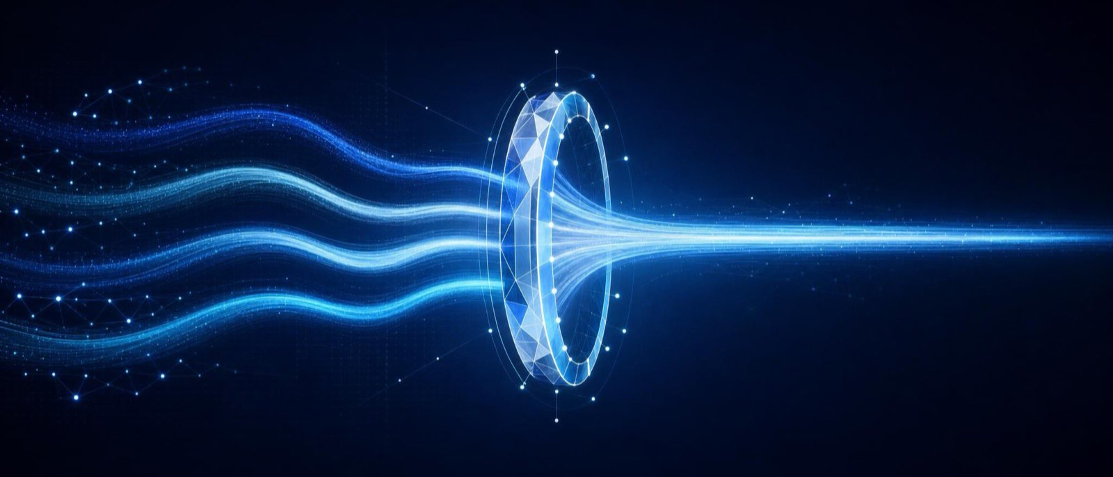 Several separate light streams fused through a central ring into one clean measured beam