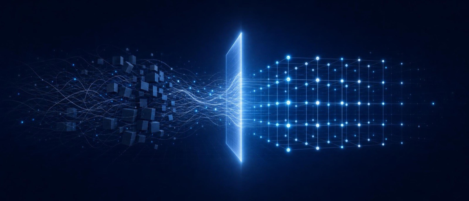 Tangled dark fragments at left resolving into a precise glowing lattice of aligned nodes at right