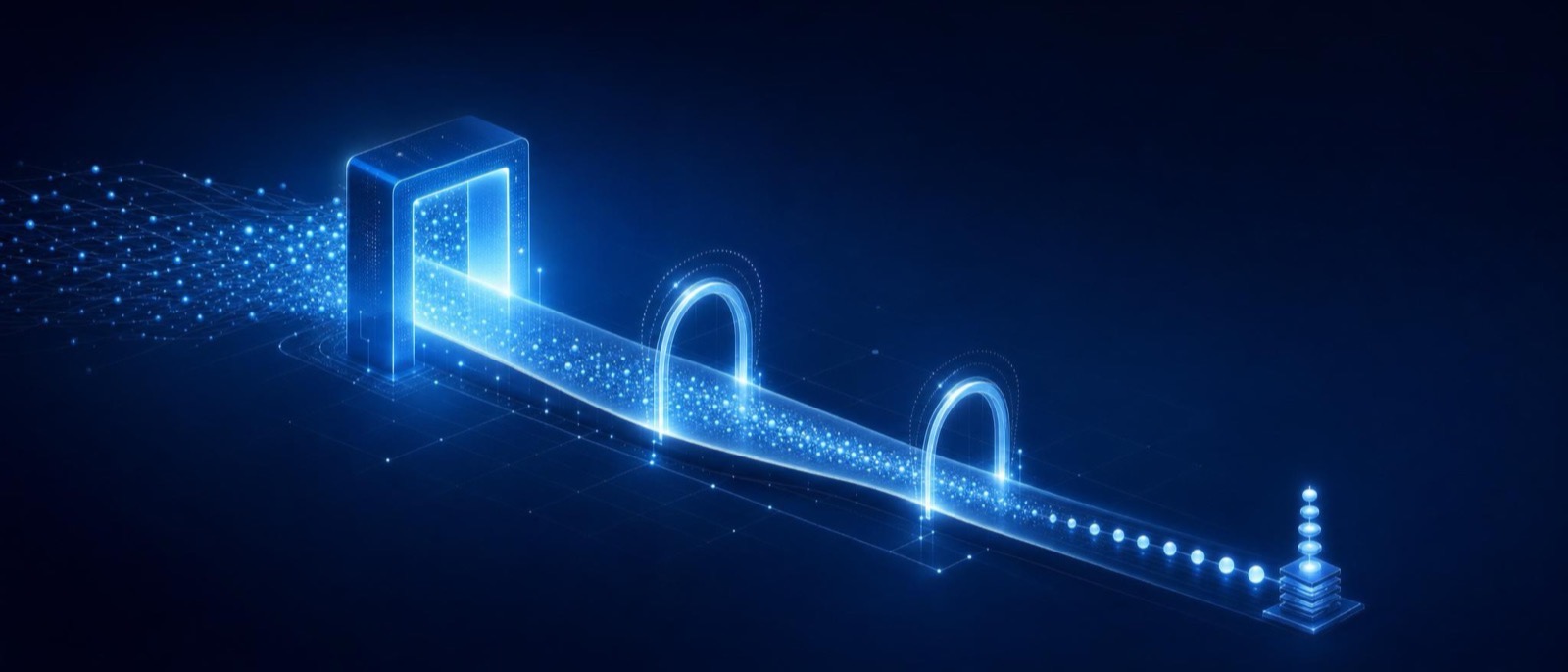 A shopfront archway of light with a particle stream gliding through gates into stacked order nodes