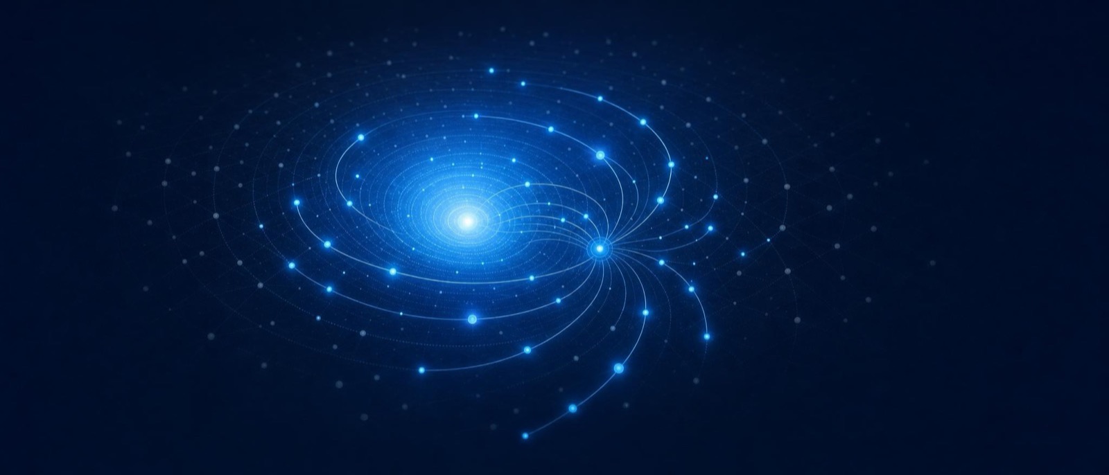 A pulsing core sending ripple rings that light scattered dots and draw them to a capture node