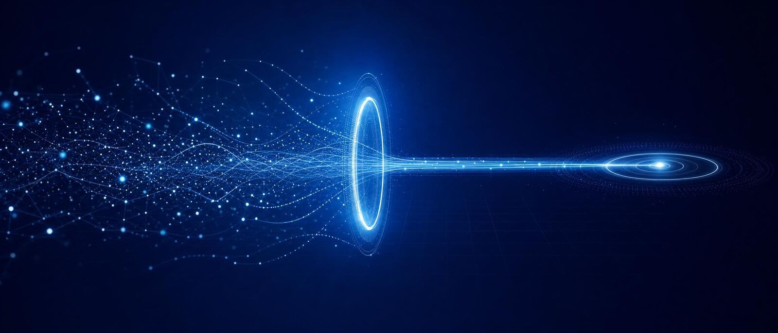 A stream of query particles passing a bright gate ring into one tight lane on a target node