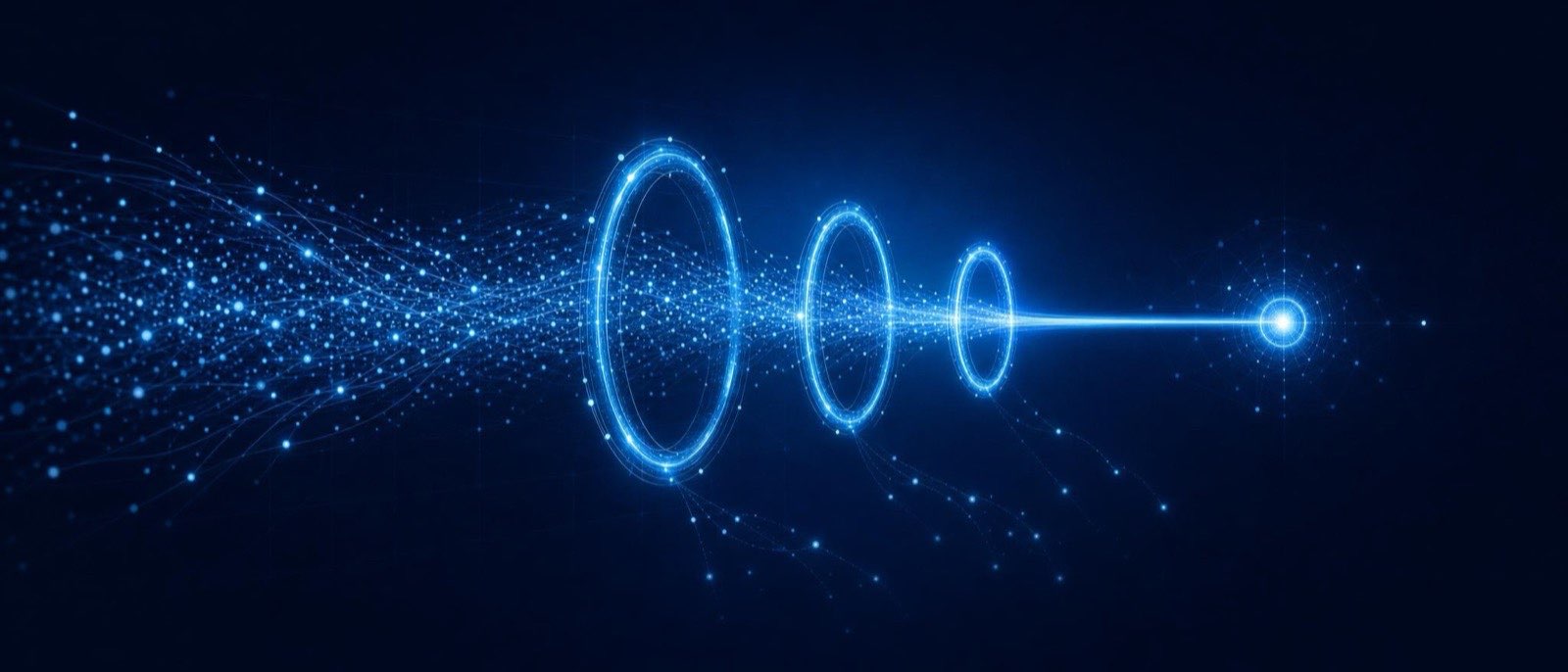 A broad particle flow narrowing through valve rings into one intense beam on a single node