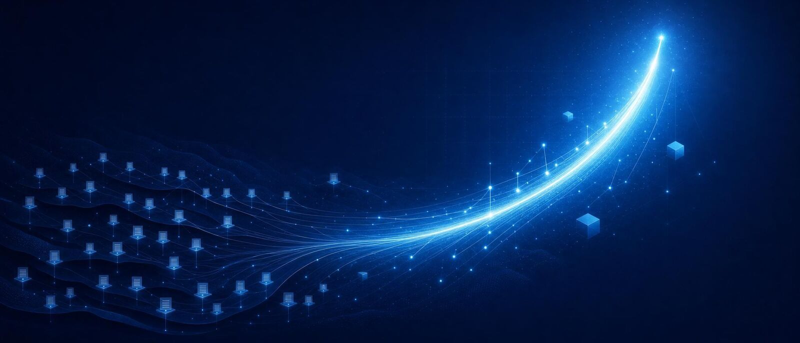 Faint page nodes feeding a single luminous curve that rises and brightens as it climbs