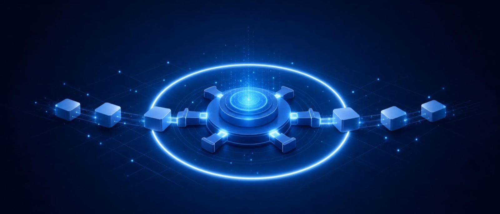 A central hub disc with docking blocks encircled by one continuous bright protective ring