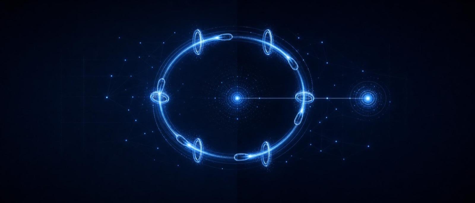 A circular loop track carrying capsules through gates with a spoke to one bright outcome node