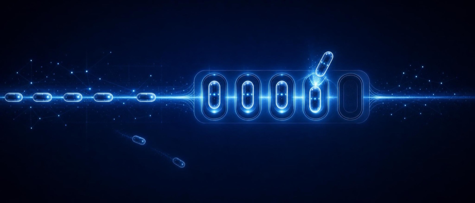 A rail of capsules docking into glowing slots, one mid-docking, with strays drifting off and fading