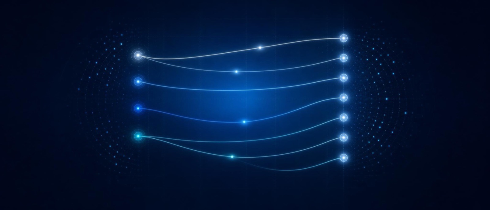 Four origin nodes each tied by one unbroken curved thread to a column of bright enquiry nodes