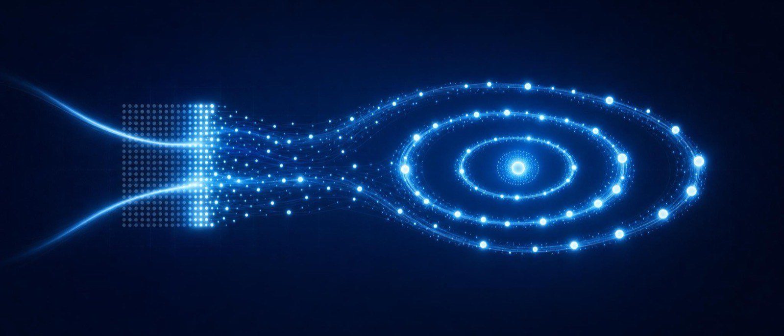A dim stack of dots lit by light waves streaming into brightening orbital loops around a warm core