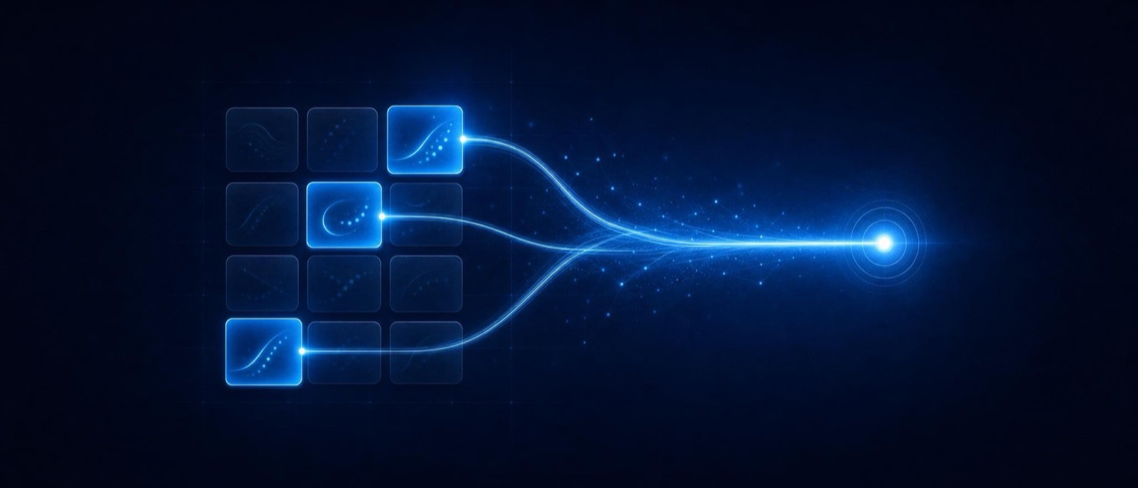 A grid of translucent tiles with three glowing bright and merging into one terminal node