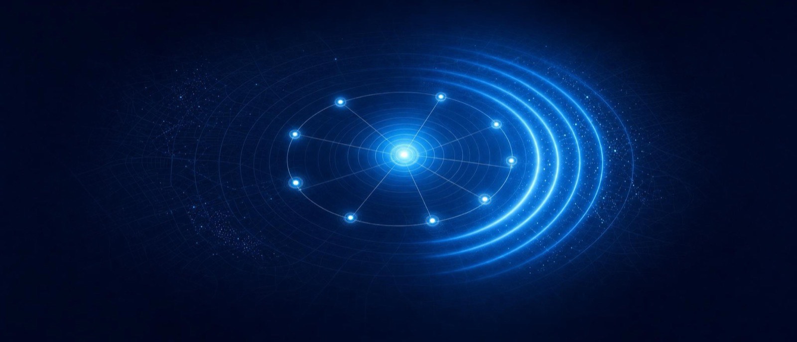A beacon node on a street grid with orbiting corroboration dots swelling its outermost ring