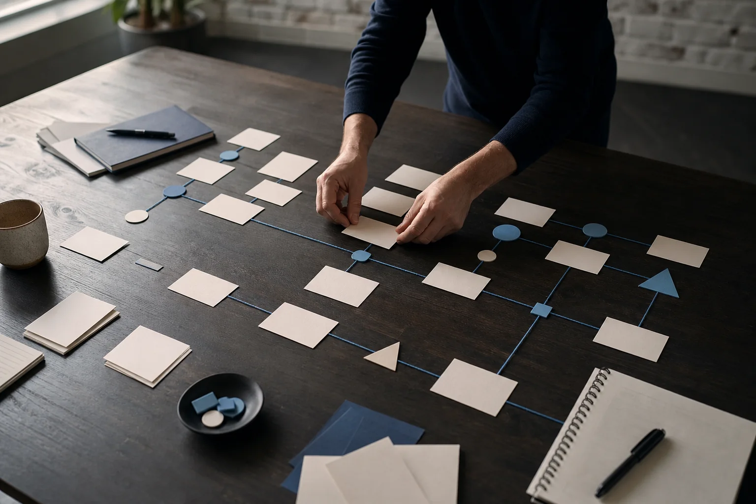A three-lane growth system mapped with blank cards and blue thread
